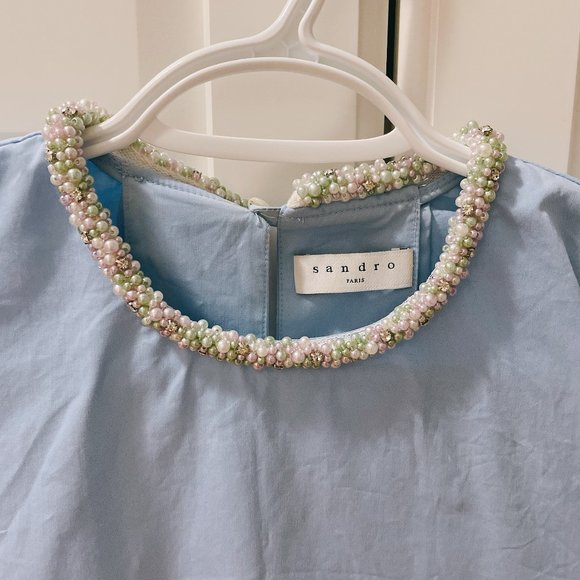 Sandro Top With Beaded Jewelled Collar Sky Blue - Picture 9 of 9